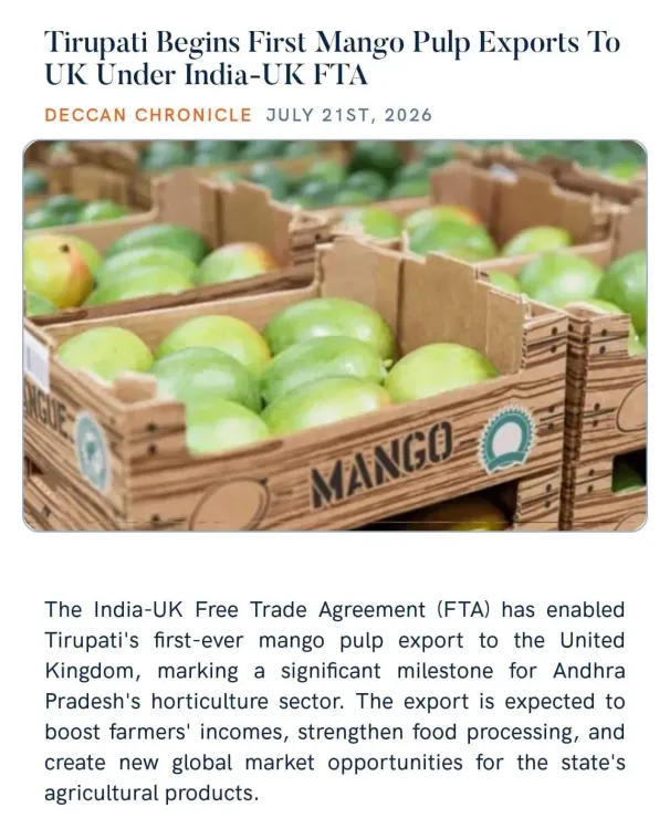 Piyush Goyal: India-UK FTA Enables First Mango Pulp Export from Tirupati