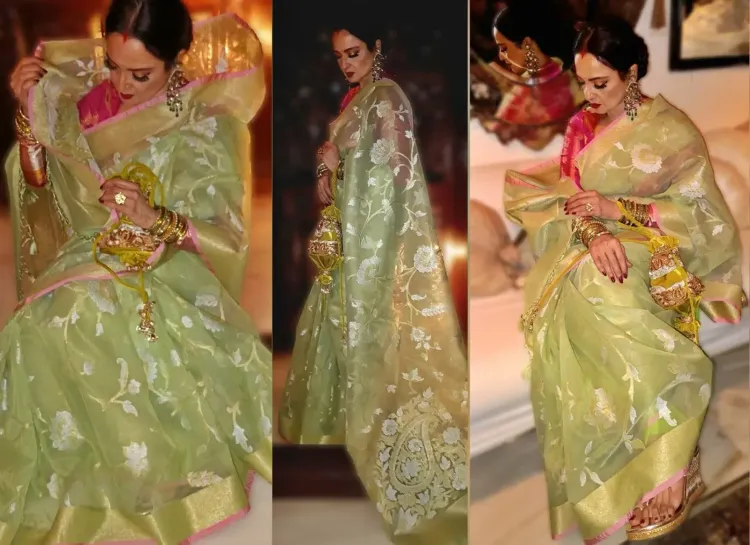 Rekha Radiates Timeless Charm in a Handwoven Banarasi Kora Silk Saree