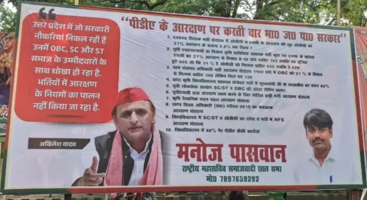 सपा मुख्यालय के बाहर पोस्टर: भाजपा सरकार पर पीडीए आरक्षण में 69,000 भर्ती घोटाले का आरोप