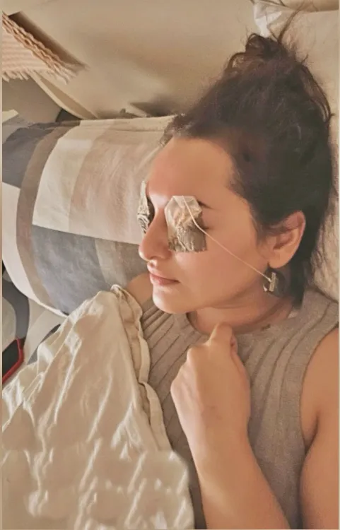 Sonakshi Sinha takes a nap with tea bags shared by husband Zaheer Iqbal