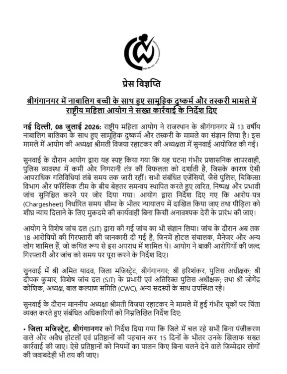 श्रीगंगानगर नाबालिग दुष्कर्म-तस्करी मामला: NCW ने 15 दिन में माँगी रिपोर्ट, 18 आरोपी गिरफ्तार