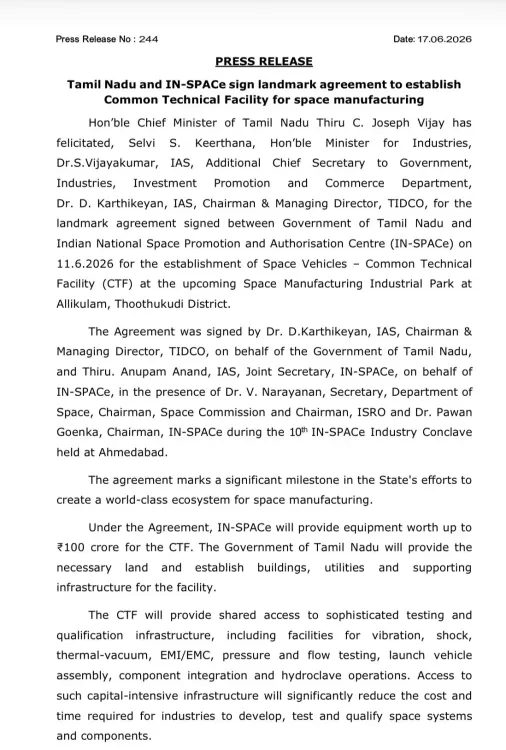 Tamil Nadu, IN-SPACe sign deal for space manufacturing hub