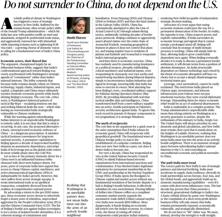 Tharoor argues against India pivoting to China amid US policy uncertainty
