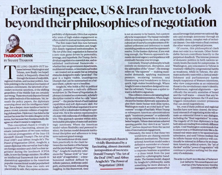 Tharoor Compares Iran-US Negotiating Styles in New Column