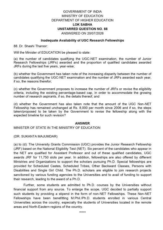 Tharoor Slams Ministry Over UGC Fellowship Gaps, Stale Stipend
