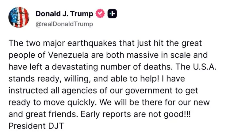 Trump Offers US Aid After Two Major Earthquakes Hit Venezuela
