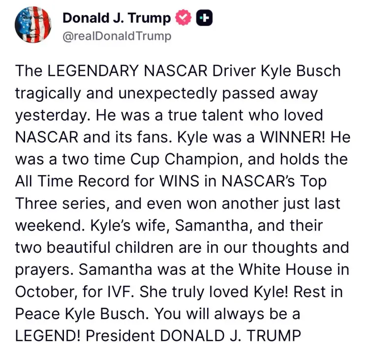 Trump Pays Tribute to NASCAR Driver Kyle Busch