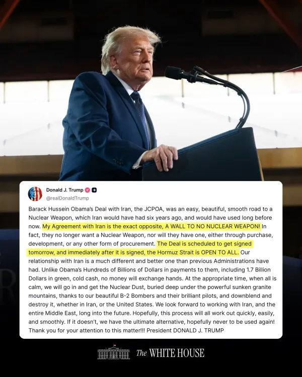 Trump Says Hormuz Strait Opens After Deal Signing Tomorrow