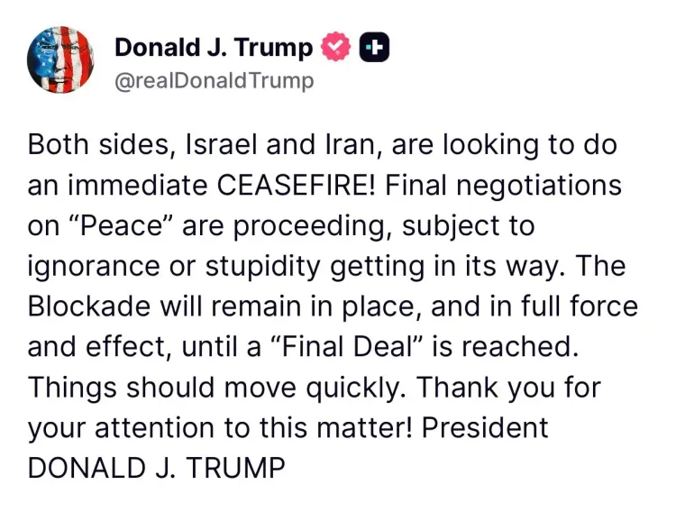 Trump Says Israel and Iran Seeking Immediate Ceasefire