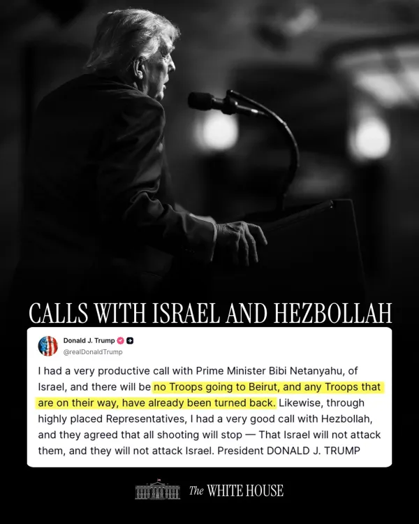 Trump Says No US Troops to Beirut, Claims Hezbollah Ceasefire