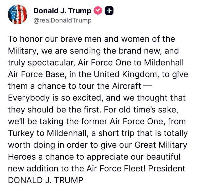 Trump Sends New Air Force One to UK Base to Honor Troops