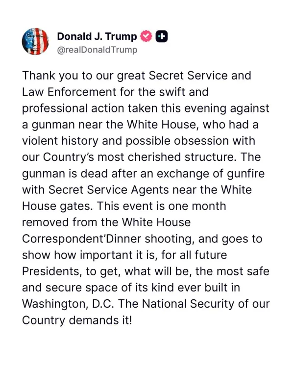 Trump Thanks Secret Service After White House Gunman Incident