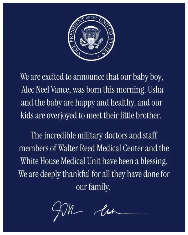 White House Congratulates VP JD Vance on Fourth Child
