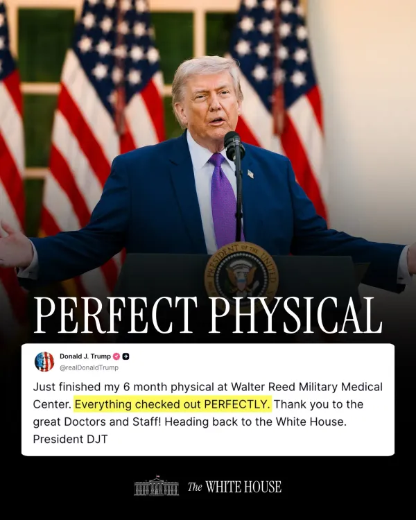 White House Declares US President in 'Perfect Bill of Health'
