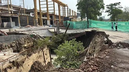 नोएडा सेक्टर-73 में डी-मार्ट निर्माण स्थल के पास सड़क धंसी, बारात घर झुका; प्राधिकरण CEO ने जांच के आदेश दिए