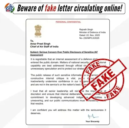 PIB debunks letter attributed to Defence Minister, urges public to refrain from sharing misinformation