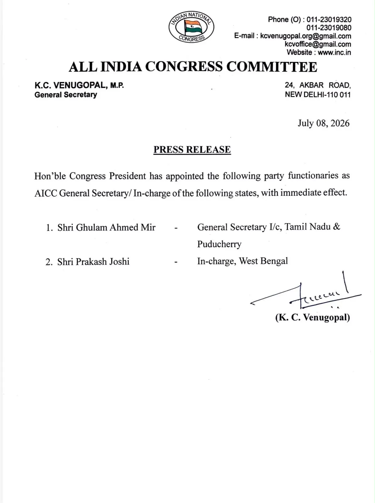 Pilot congratulates Mir, Joshi on AICC state appointments
