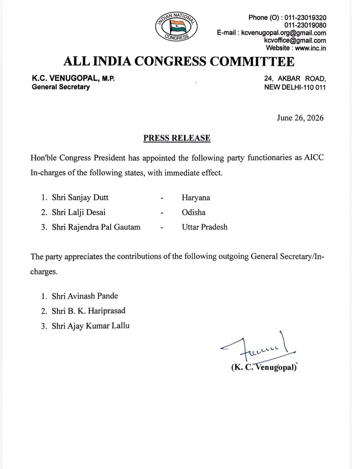 Pilot congratulates new Congress in-charges for Haryana, Odisha, UP