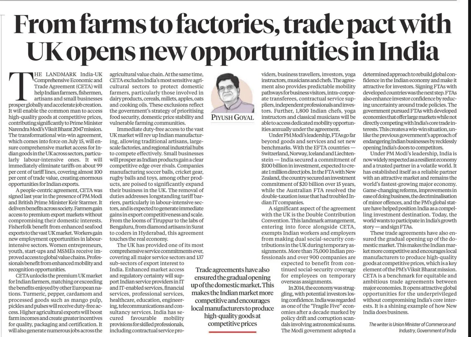 Piyush Goyal hails India-UK CETA as people-centric trade win