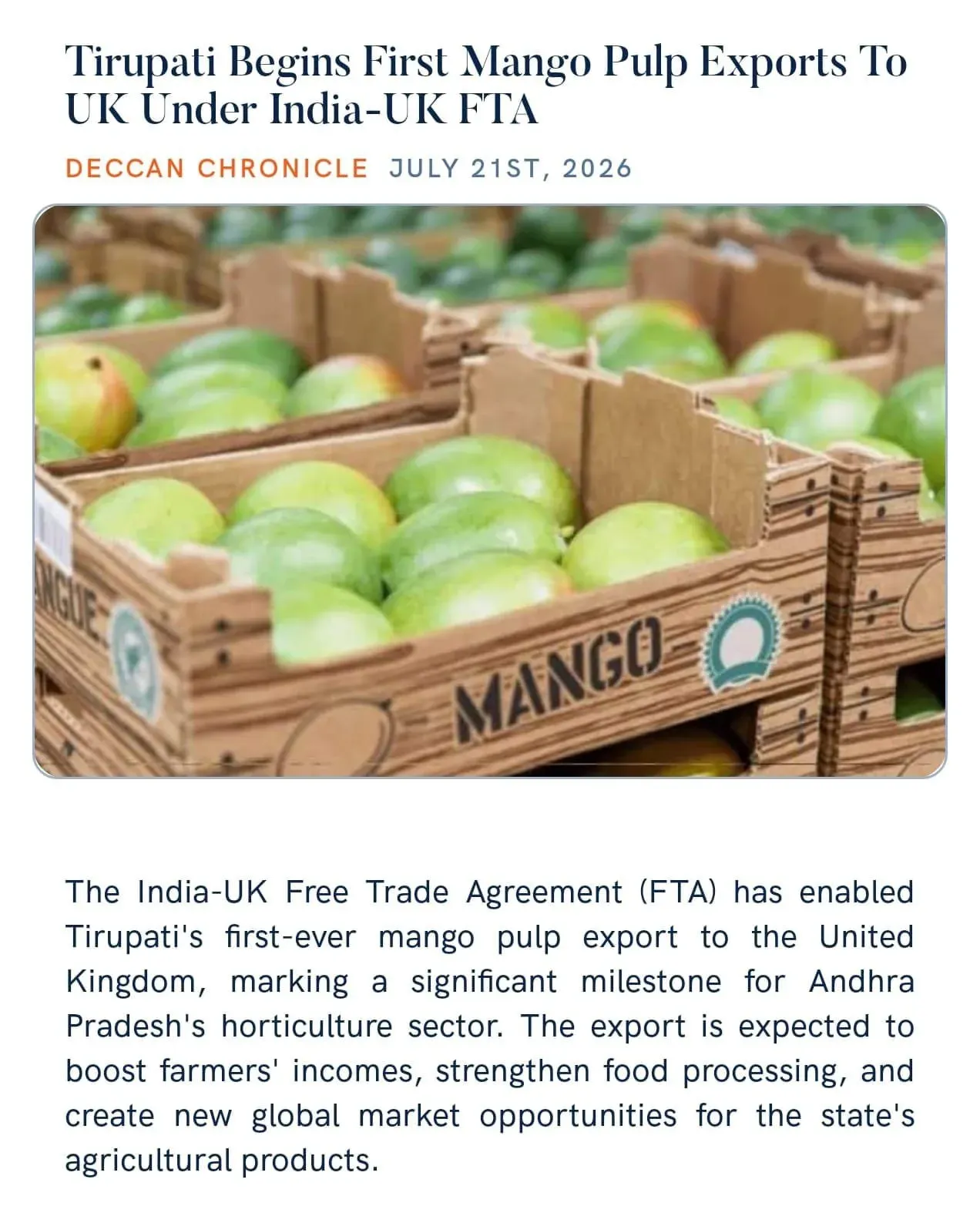 Piyush Goyal: India-UK FTA Enables First Mango Pulp Export from Tirupati