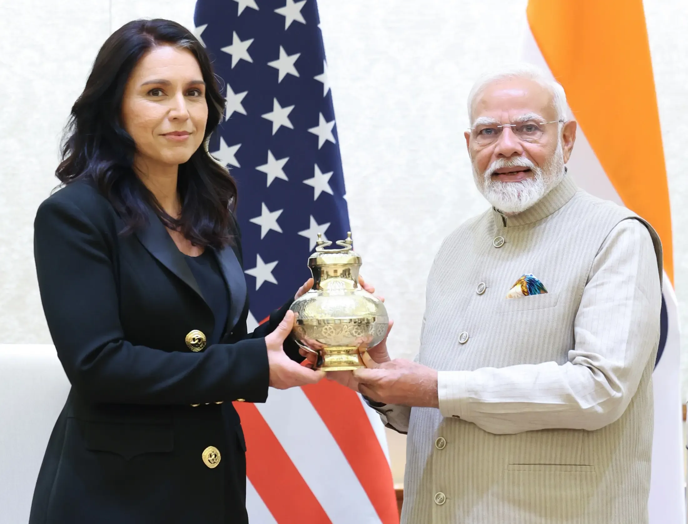 PM Modi Gifts Tulsi Gabbard Holy Ganga Water Vase from Maha Kumbh