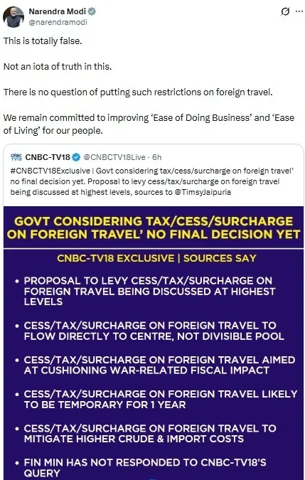 PM Modi denies foreign travel levy report, calls CNBC-TV18 claim 'totally false'
