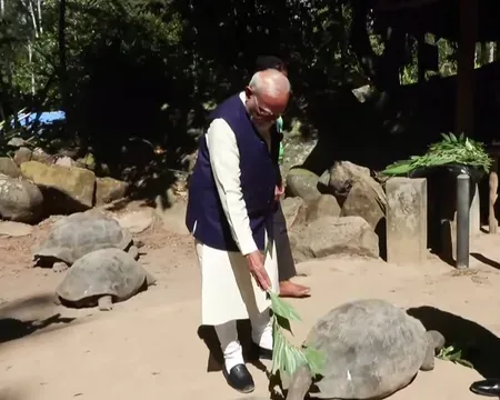 PM Modi feeds 194-year-old Jonathan at Seychelles Botanical Garden