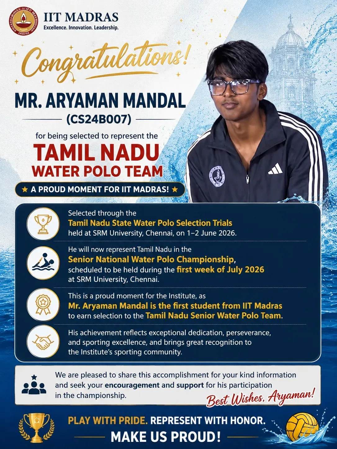 Pradhan Congratulates IIT Madras Student on Water Polo Selection