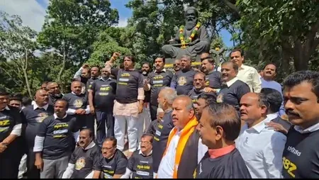 Karnataka BJP MLAs in black T-shirts force entry into Vidhana Soudha, demand Nagendra's ouster