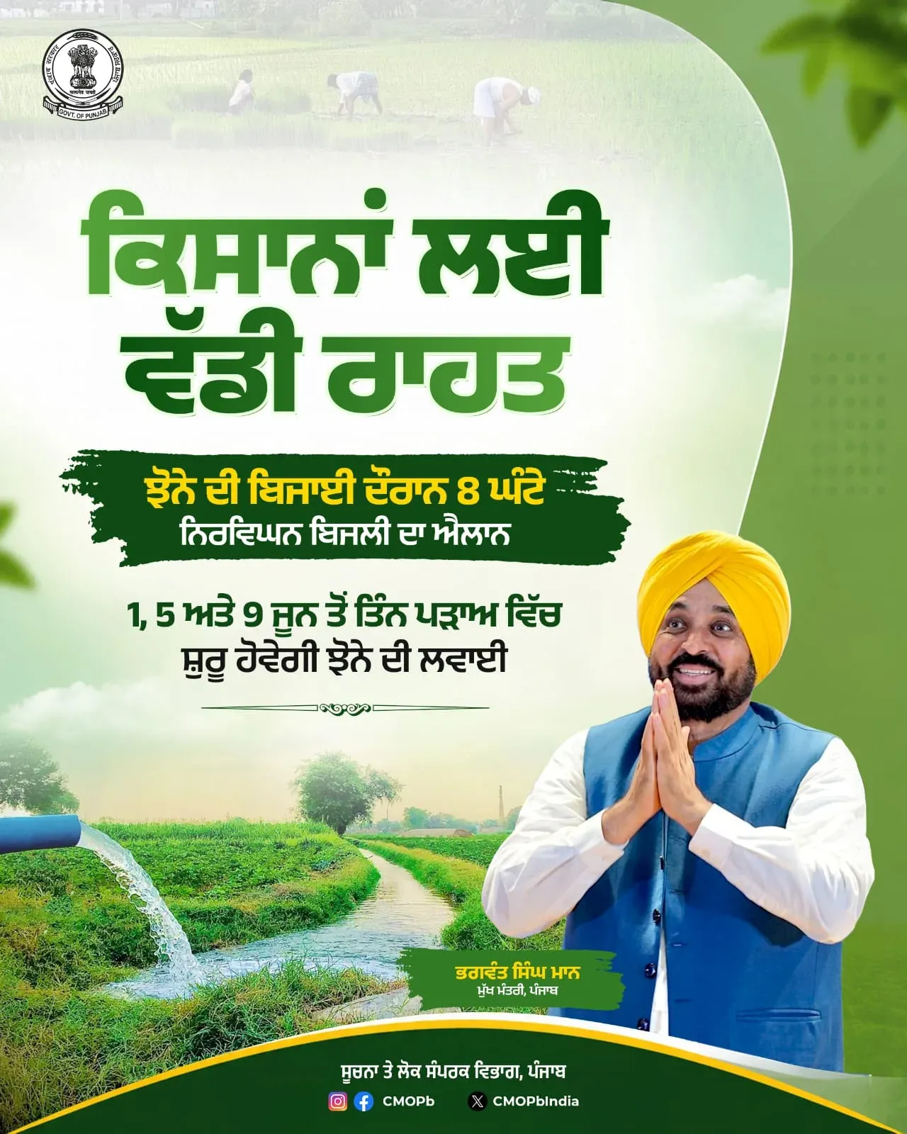 Punjab CM Office: Paddy Transplant in 3 Phases, 8-Hr Power Assured