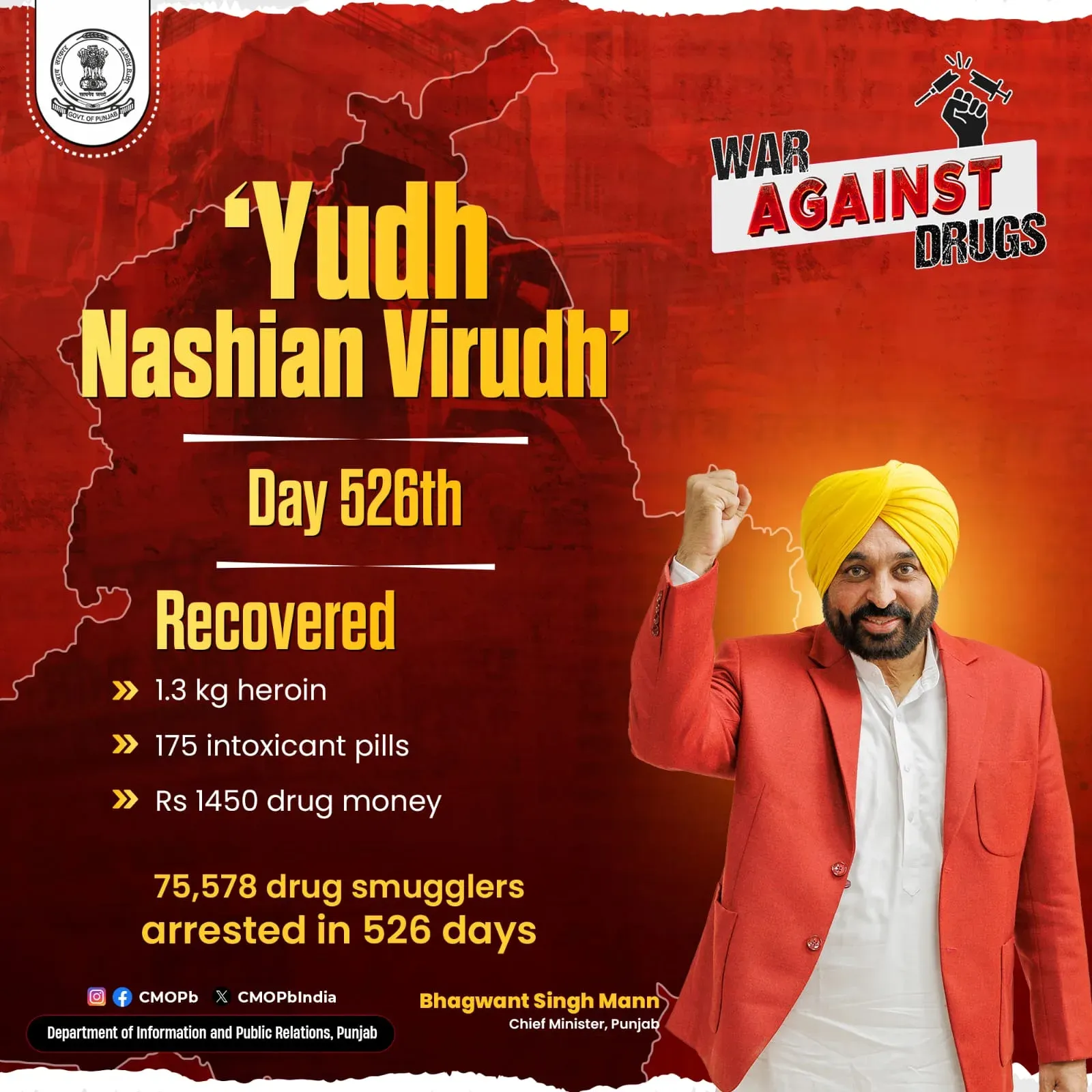 Punjab Police marks 526 days of Yudh Nashian Virudh