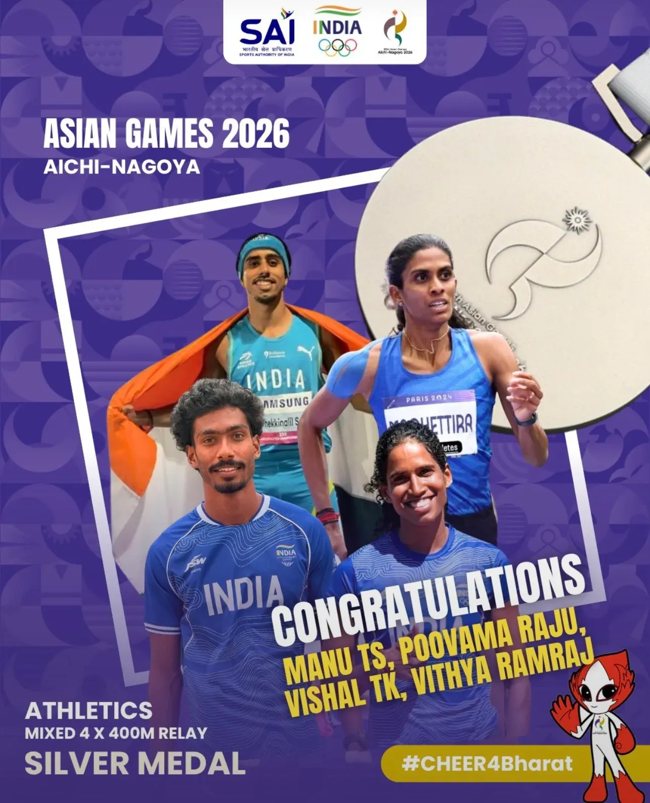 Puri hails India's Mixed 4×400m Relay Silver at Asian Games 2026