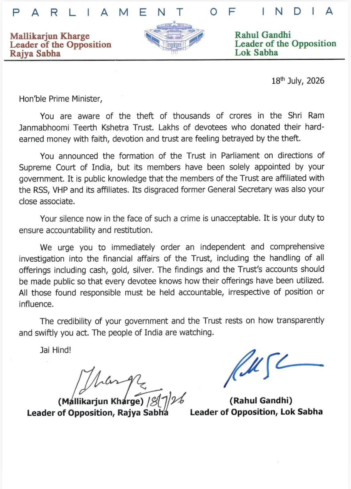 Rahul Gandhi Demands Independent Probe into Ram Mandir Donation Irregularities