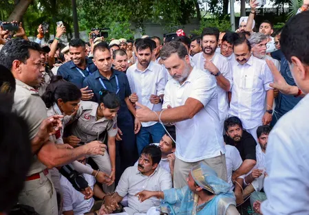 Rahul Gandhi leads Congress sit-in outside PM's residence over NEET leak, police detentions