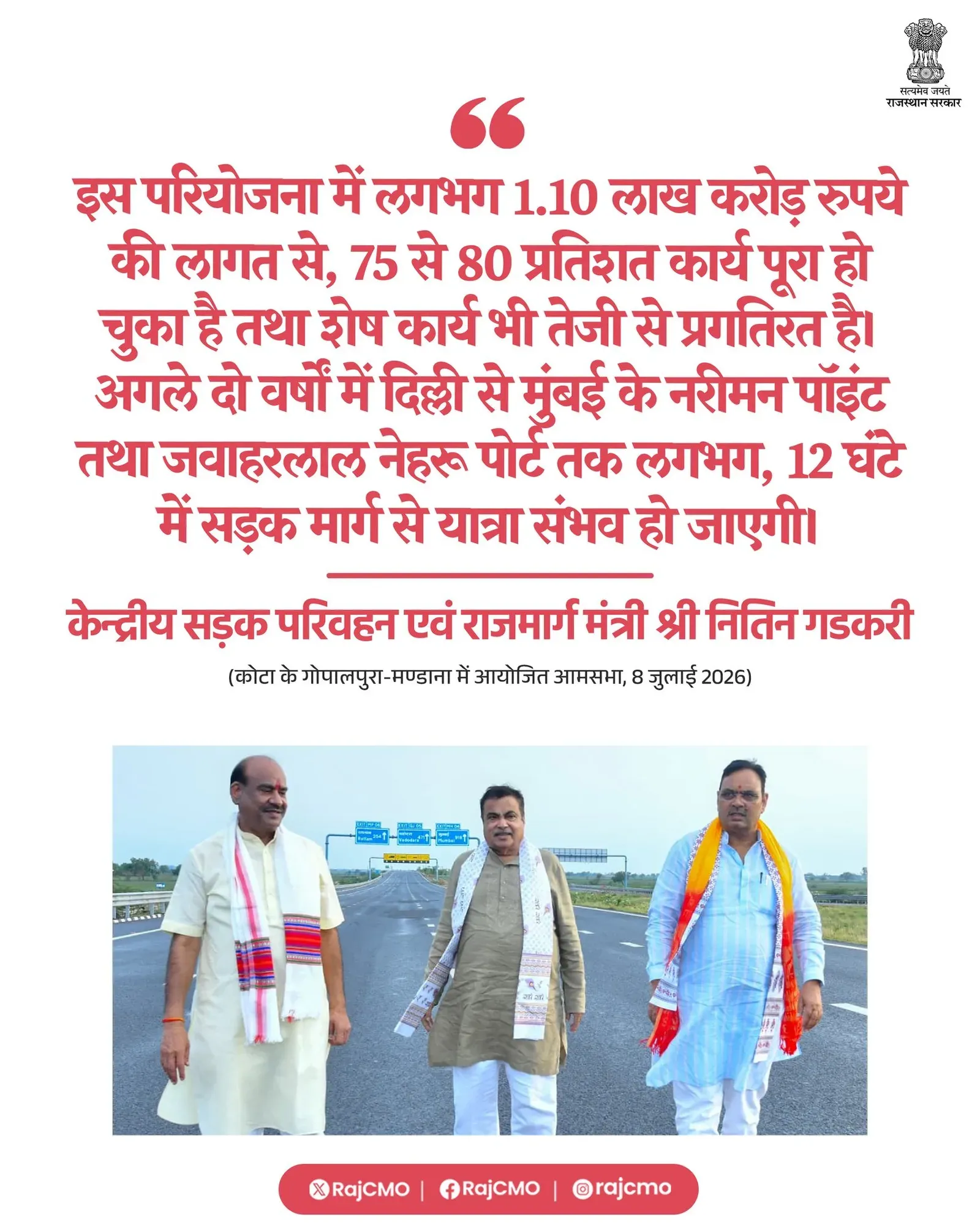 Rajasthan CMO: Rs 1.10 Lakh Cr Road Project 75-80% Done