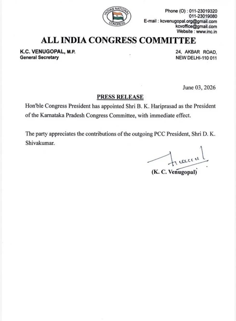 Sachin Pilot greets BK Hariprasad on KPCC president appointment