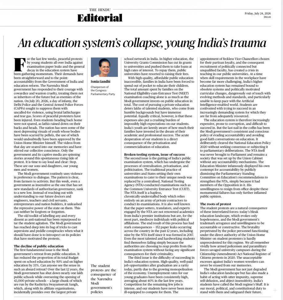 Sachin Pilot shares Sonia Gandhi's column on education failures