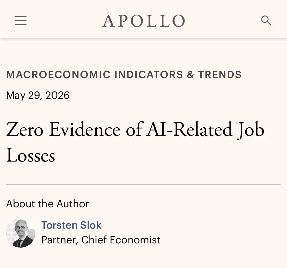 Sacks Shares Apollo Economist's Zero AI Job Loss Finding