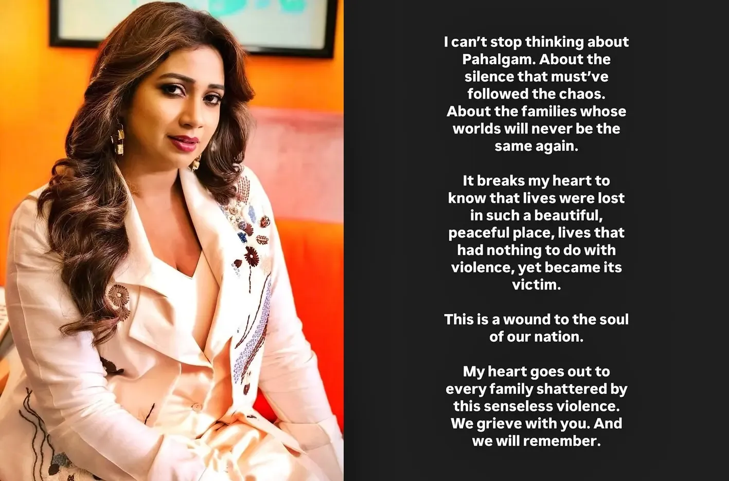 Shreya Ghoshal Voices Her Anguish Over Pahalgam Attack: A Deep Scar on Our Nation's Soul