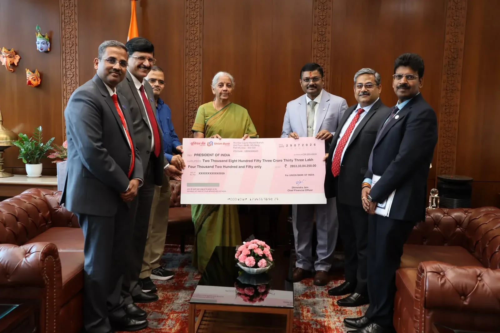 Sitharaman receives ₹2,853 cr dividend from Union Bank