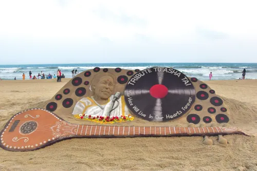 A Stunning 20-Foot Veena Sand Sculpture at Puri Beach Honors Asha Bhosle