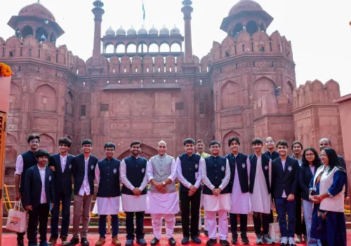 New Delhi: Rajnath Singh interacts with International Science Olympiad medalists at Red Fort