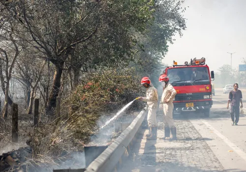 राजघाट डिपो के पास झाड़ियों में आग बुझाने का प्रयास करते दमकलकर्मी