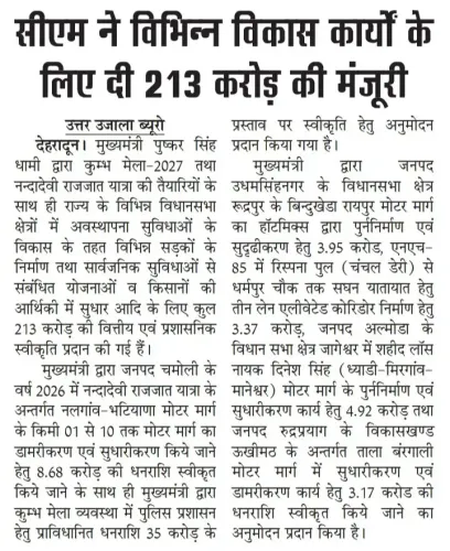 CM Dhami Approves Rs 213 Crore for Uttarakhand Development