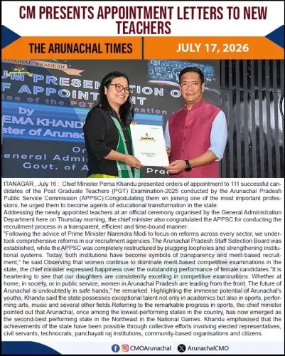 CM Pema Khandu Hands Appointment Orders to 111 PGTs