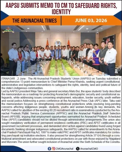 CM Pema Khandu Receives AAPSU Memorandum on Indigenous Rights