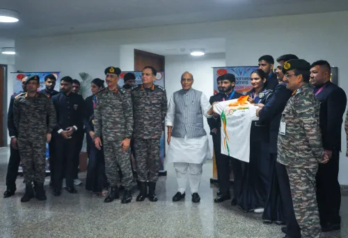 New Delhi: Rajnath Singh interacts with CWG 2026 medallists