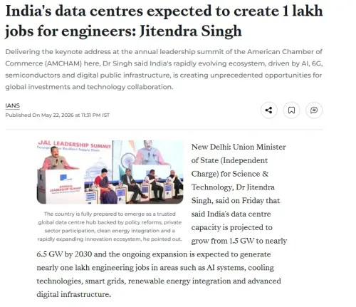 Dr. Jitendra Singh flags data centres to create 1 lakh engineer jobs