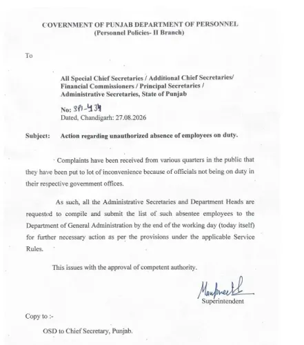 पंजाब में गैर-हाजिर सरकारी अधिकारियों पर होगी कड़ी कार्रवाई, कार्मिक विभाग ने मांगी सूची