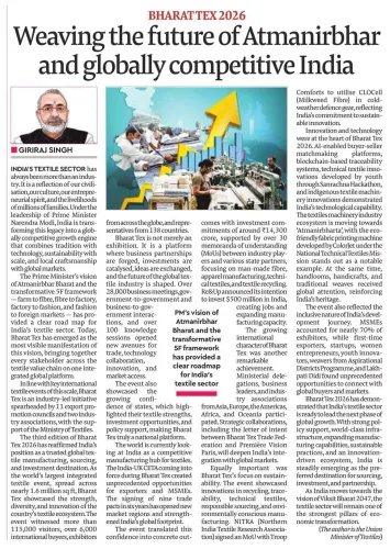 Giriraj Singh Hails Bharat Tex 2026 as Symbol of New India